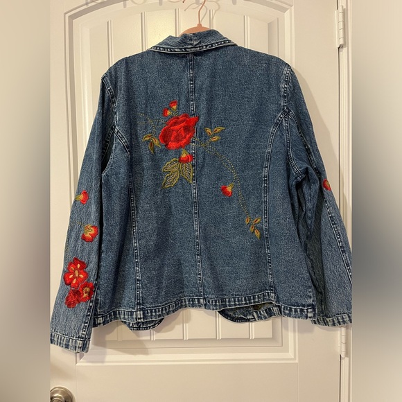 Vintage Embroidered Jean Jacket Mirasol Size XL Rose Floral Soft Stretch Denim - Picture 3 of 9